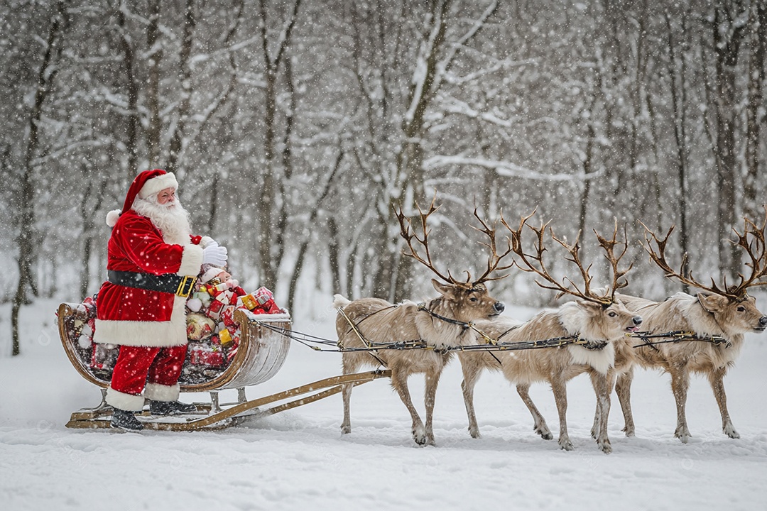 Papai noel no trenó com renas e muitos presentes