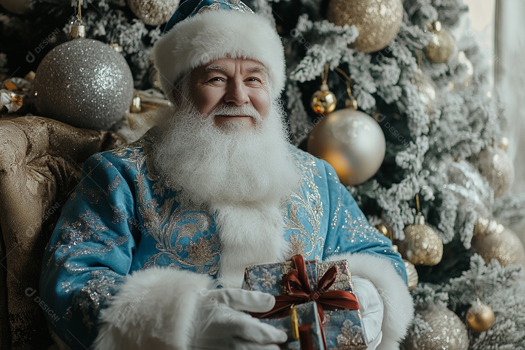 Um bom velhinho sentado na poltrona enfrente a uma árvore de natal e presentes