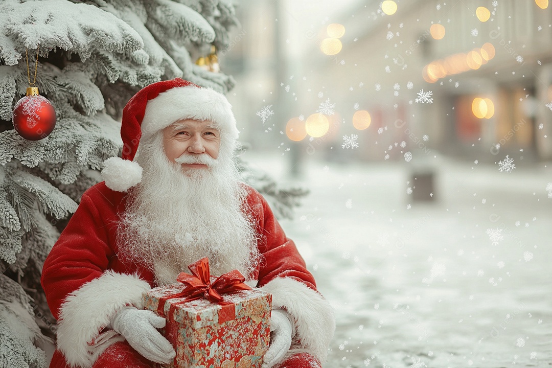 Papai noel com presente nas mãos sentado com árvore decorada e neve