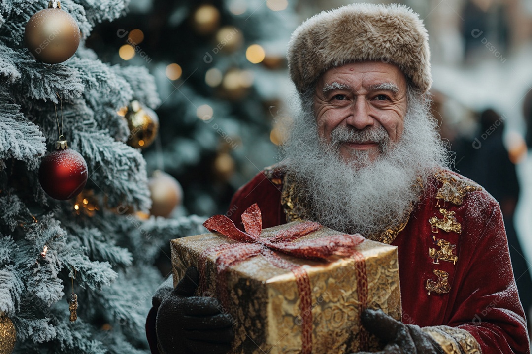 Senhor fofo segurando presente ao lado de árvores enfeitadas para o natal