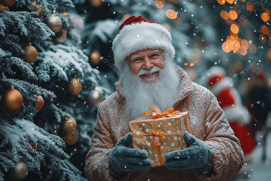 Papai noel ao lado de árvores decoradas e feliz com presente na mão