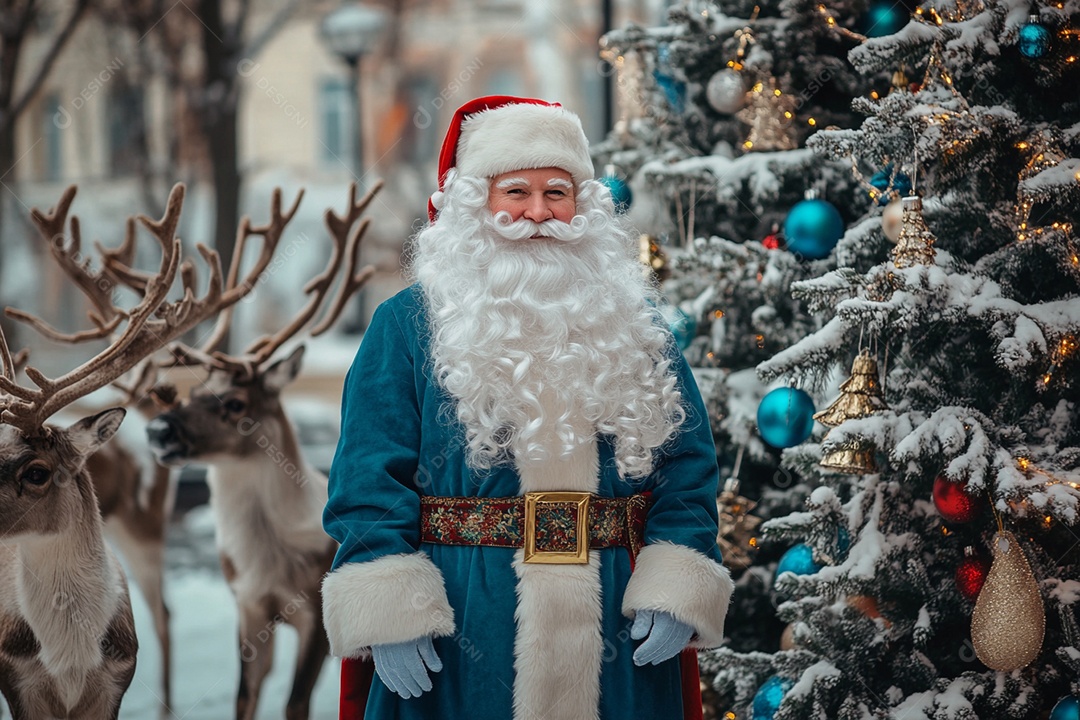 Lindo papai noel com árvores enfeitadas e renas ao lado