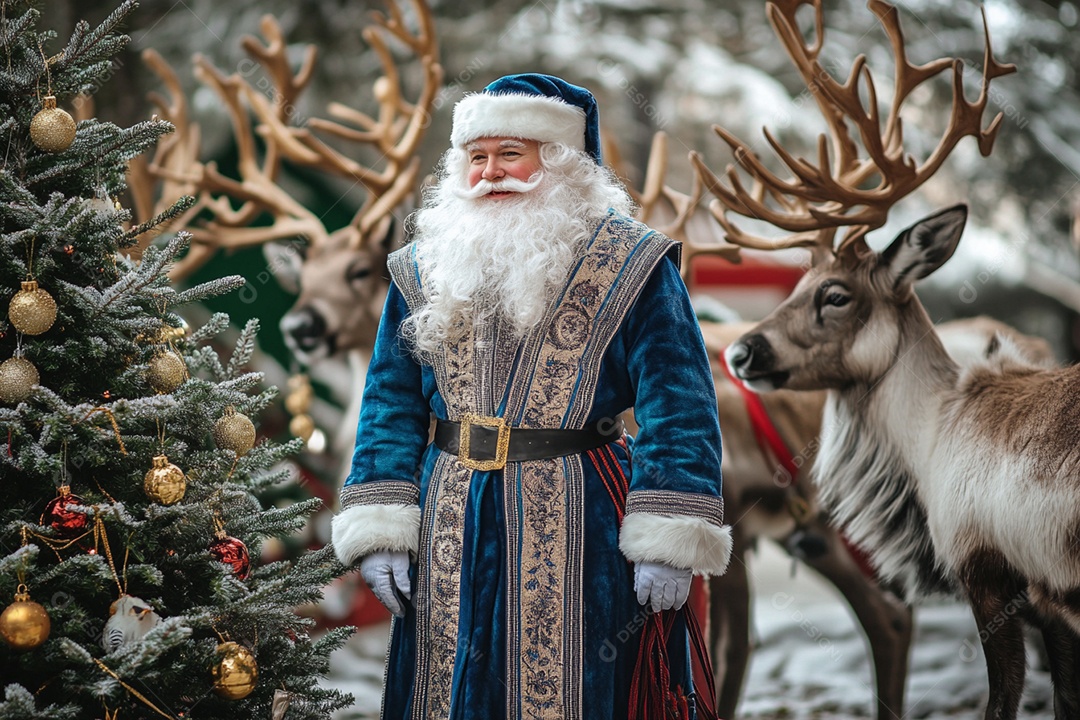 Papai noel lindo ao lado de uma árvore enfeitada e renas