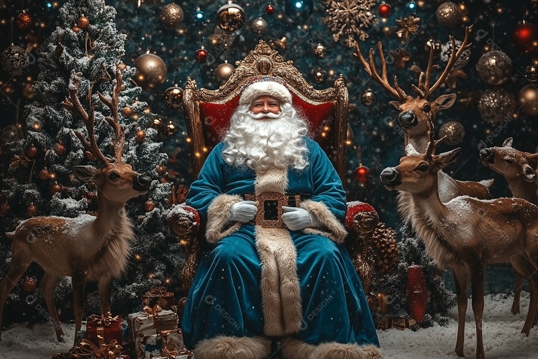 Papai noel sentado com árvores enfeitadas e renas ao redor