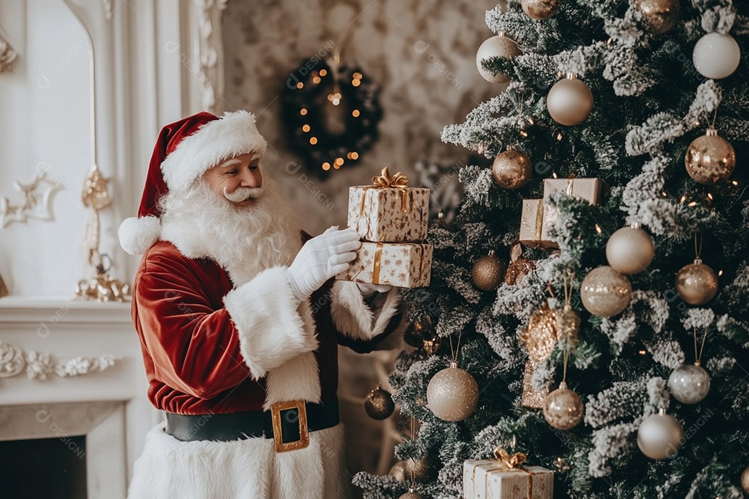 Papai noel colocando presentes embaixo da árvore de natal