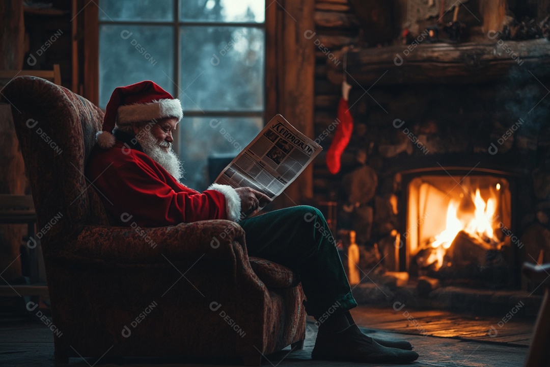 Papai noel sentado na poltrona lendo um jornal