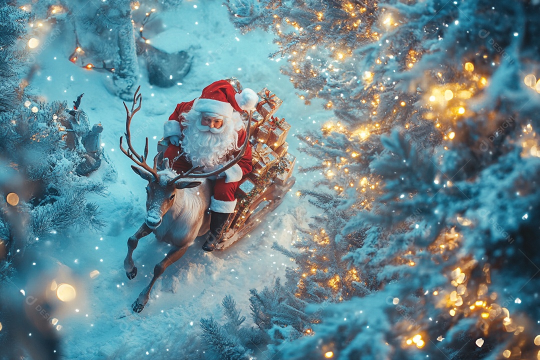 Rena com trenó e papai noel destribuindo presentes