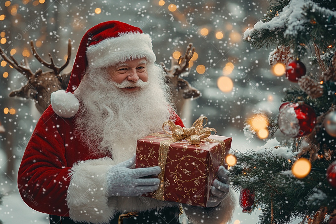 Papai noel ao lado de árvore de natal com presentes na mão