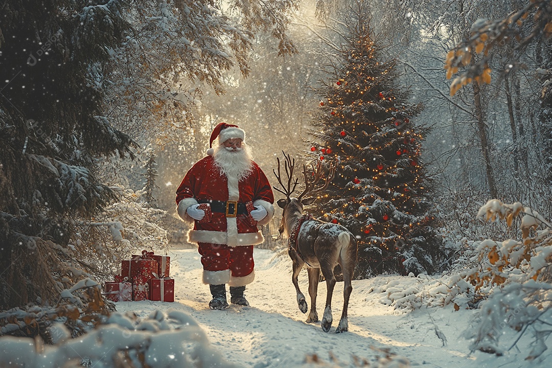 Papai noel na natureza com alguns presentes e uma rena