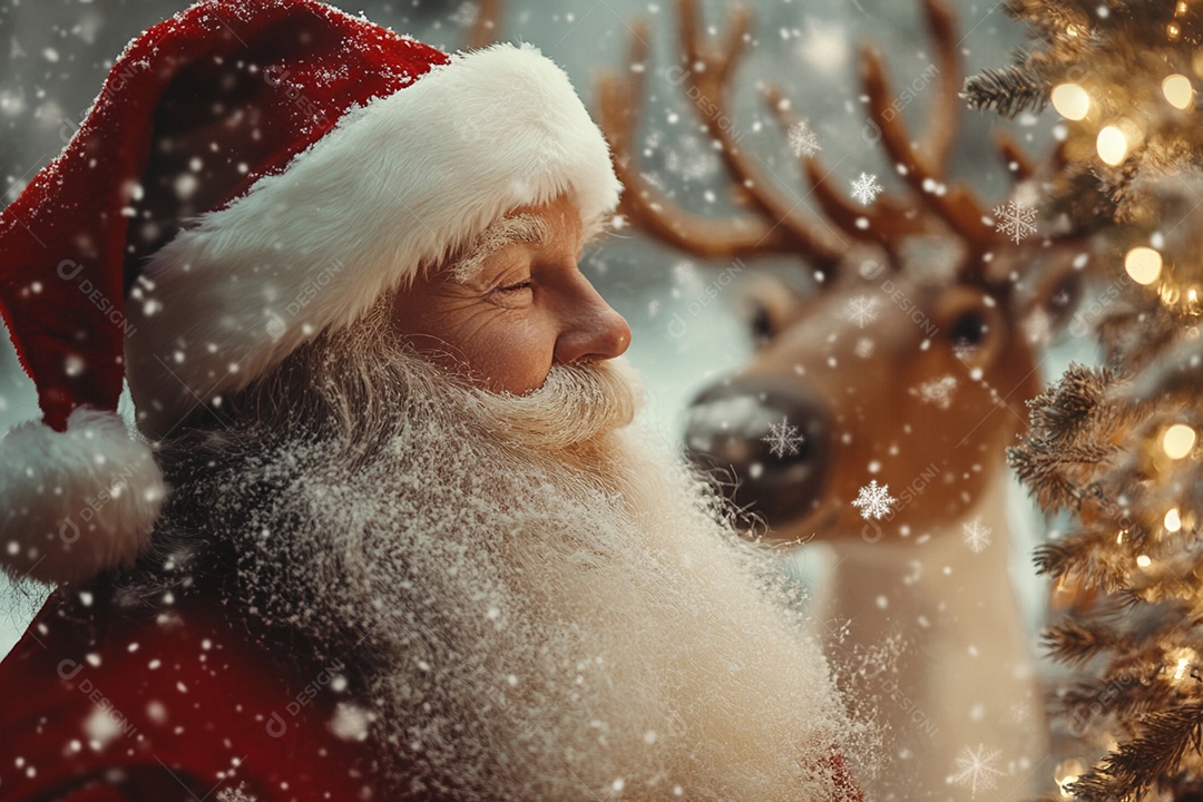 Papai noel olhando para o lado com cervo ao lado