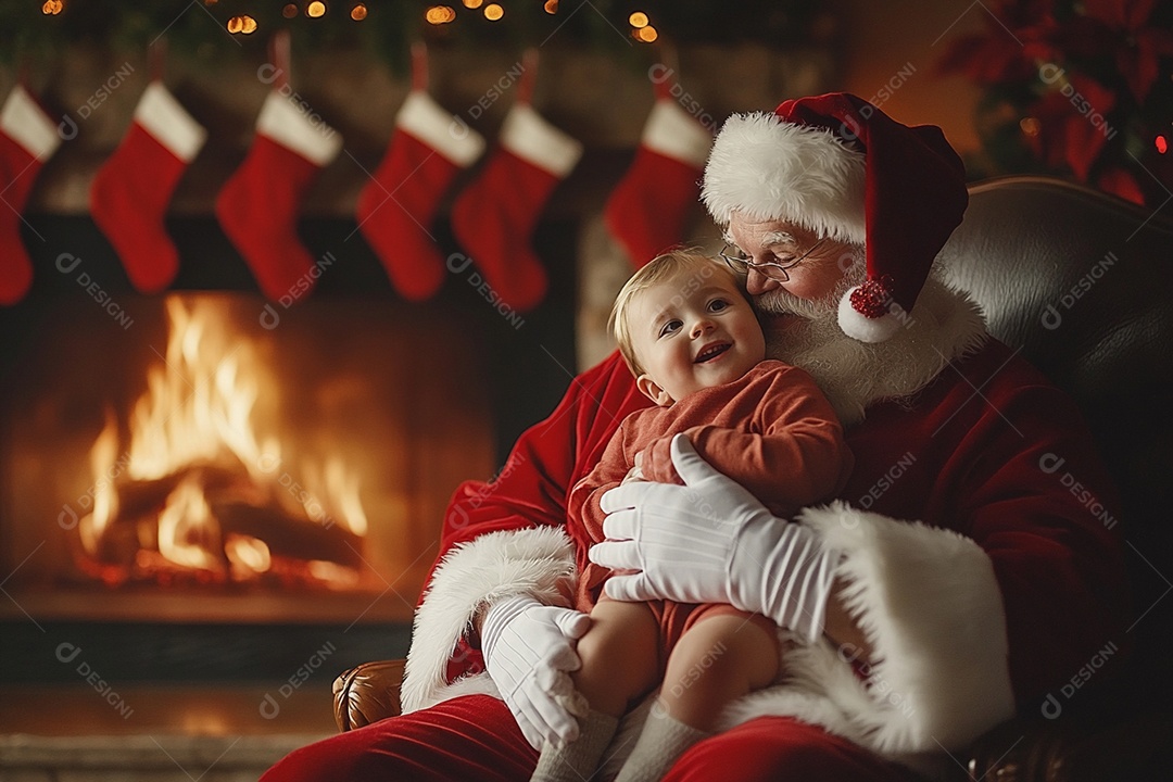 Papai noel carinhoso com bebê no colo em celebração ao natal