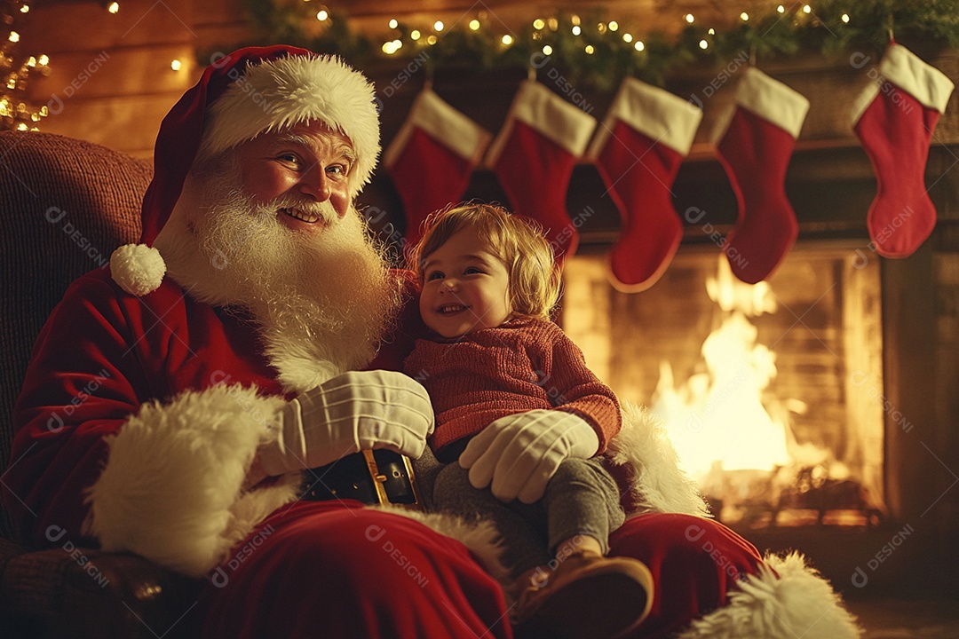 Papai noel com uma linda criança no colo próximo a lareira