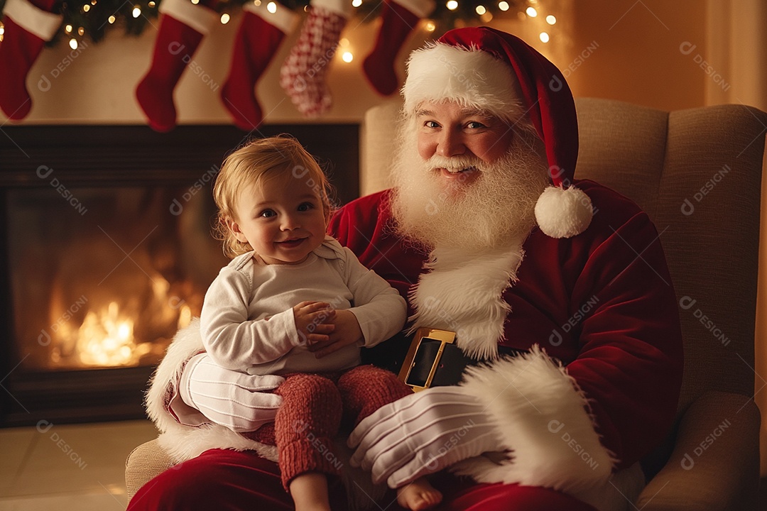 Papai noel contente com um bebê lindo no colo