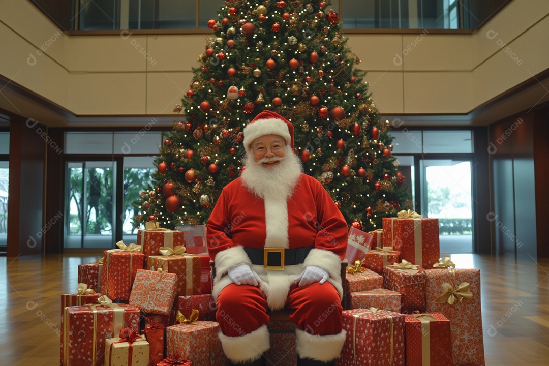 Papai noel sentado na frente de uma árvore de natal com muitos presentes