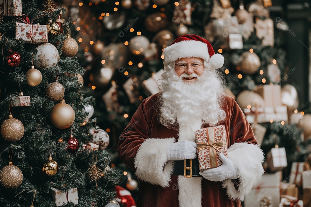Árvores de natal enfeitadas e papai noel com presente na mão