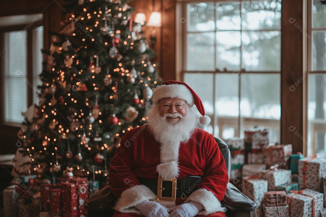 Sala decorada com árvore papai noel sentado ao lado com presentes