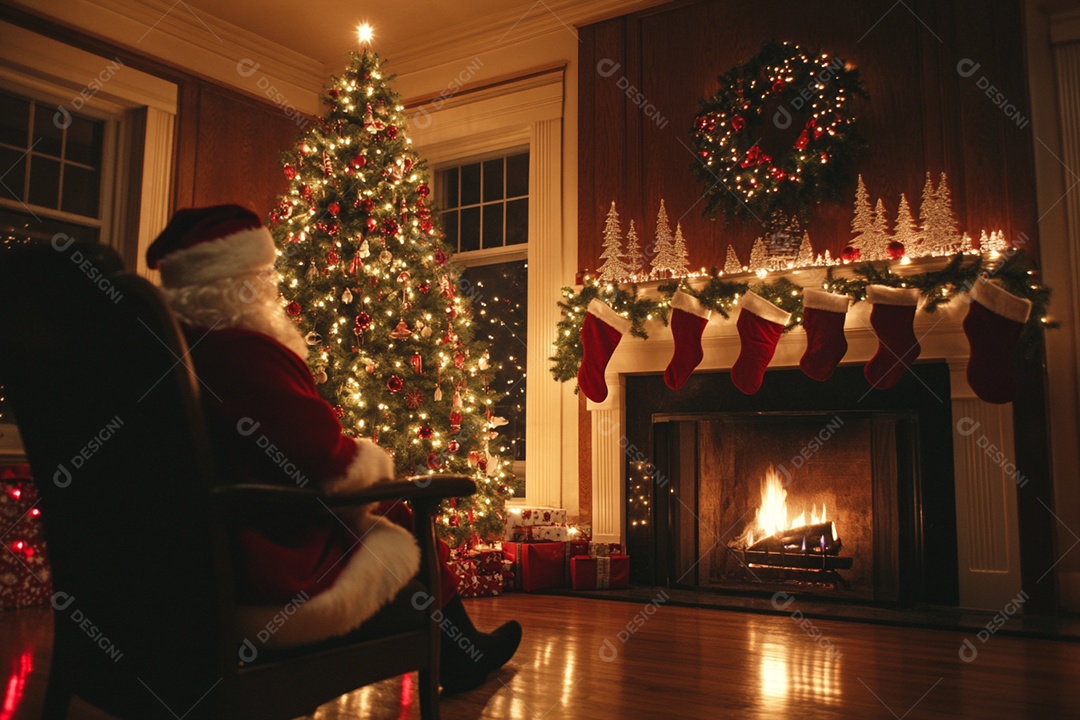 Uma linda sala decorada para festa natalina e papei noel sentado