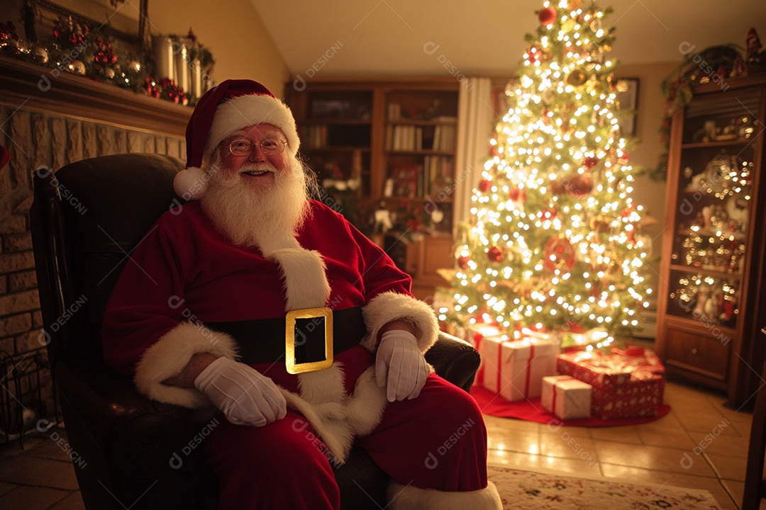 Papai noel sentado em uma cadeira e árvore de natal ao fundo