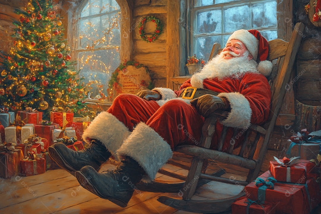 Papai noel sentado na cadeira de balanço com muitos presentes ao redor