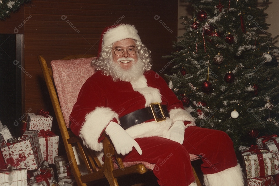 Papai noel sentando ao lado de árvore de natal