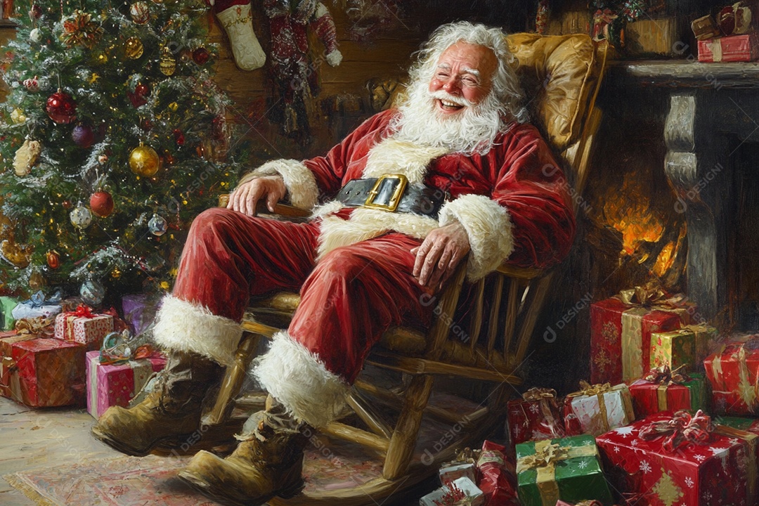 Um senhor papai noel sentado na cadeira de madeira rodeado de presente