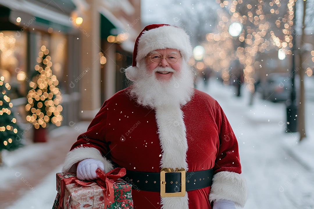 Rua de inverno com papai noel com saco cheio de presentes
