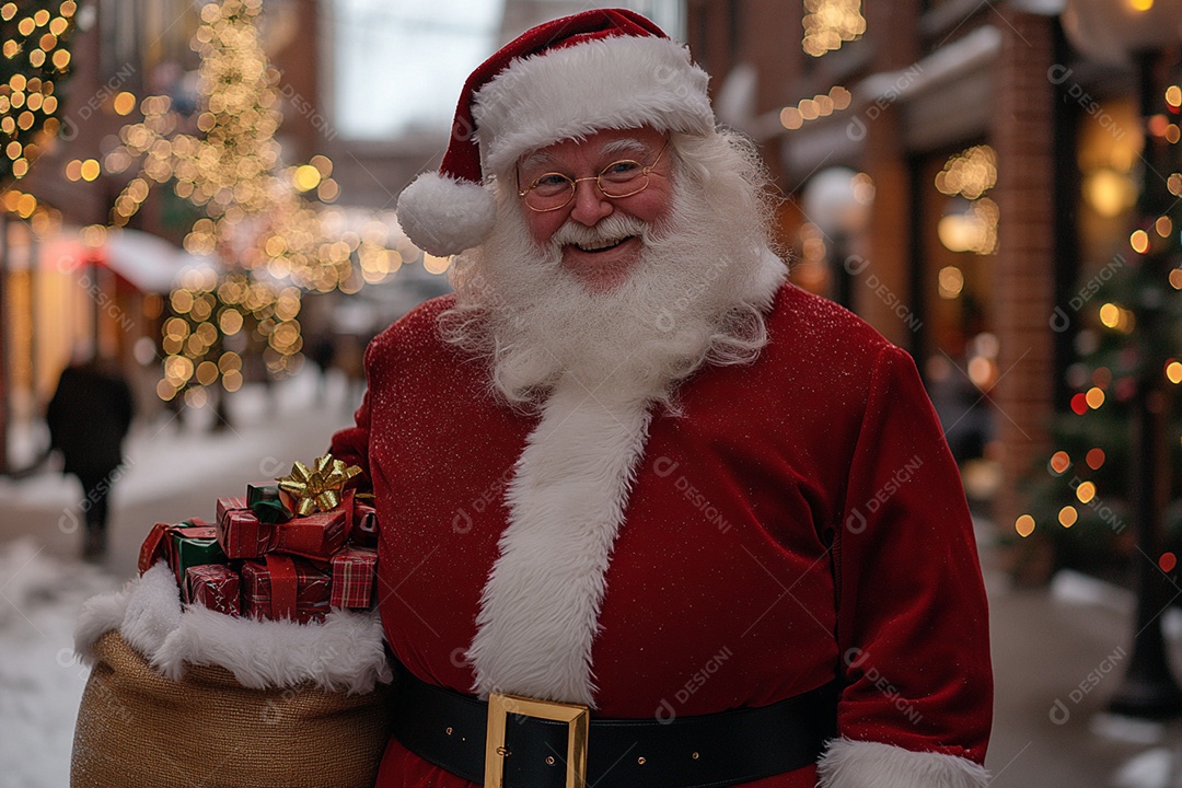 Santa Claus with gift bag on happy hands