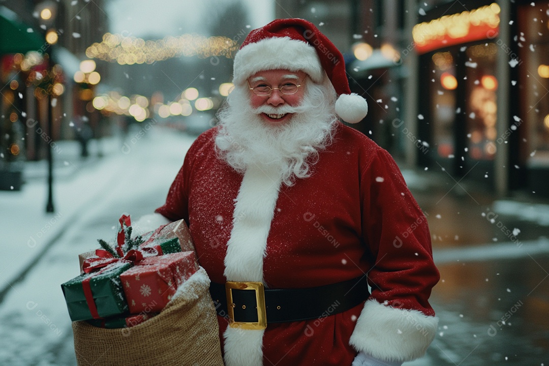 Papai noel em uma rua com saco de presentes