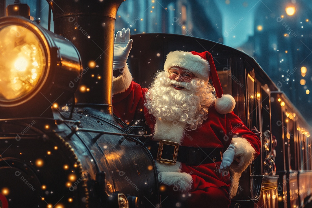 Papai noel em uma locomotiva acenando para pessoas