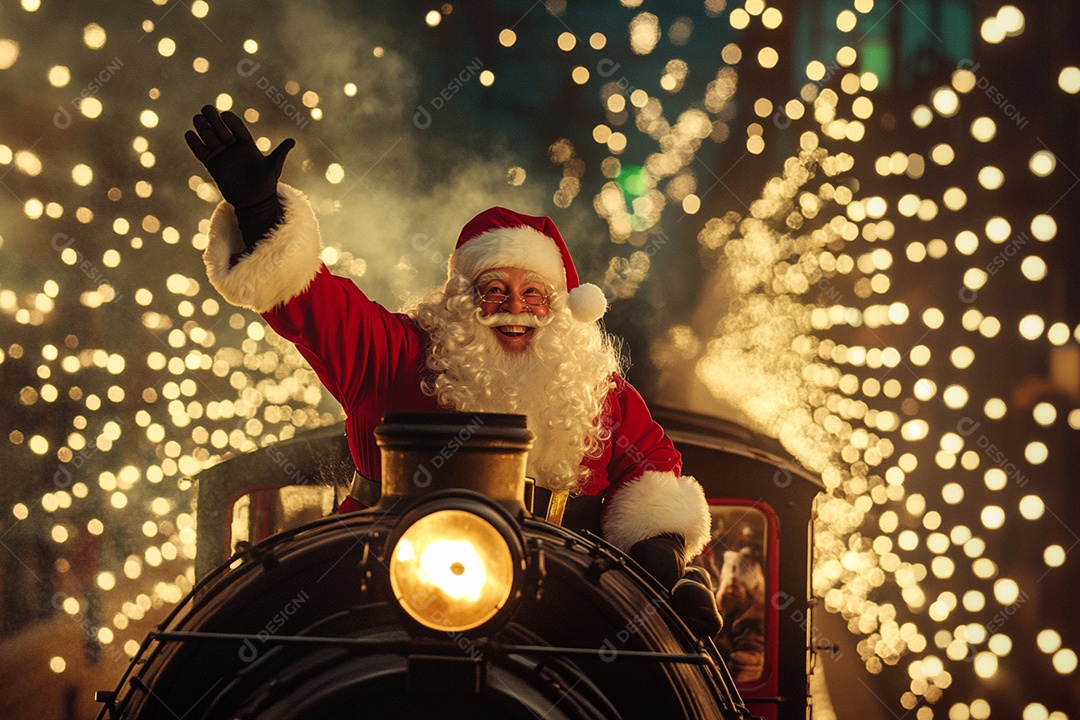 Papai noel acenando andando de trem com decoração natalina