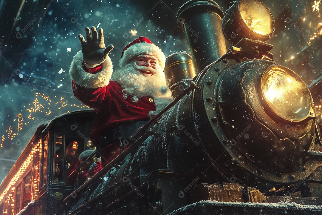 Papai noel acenando andando de trem