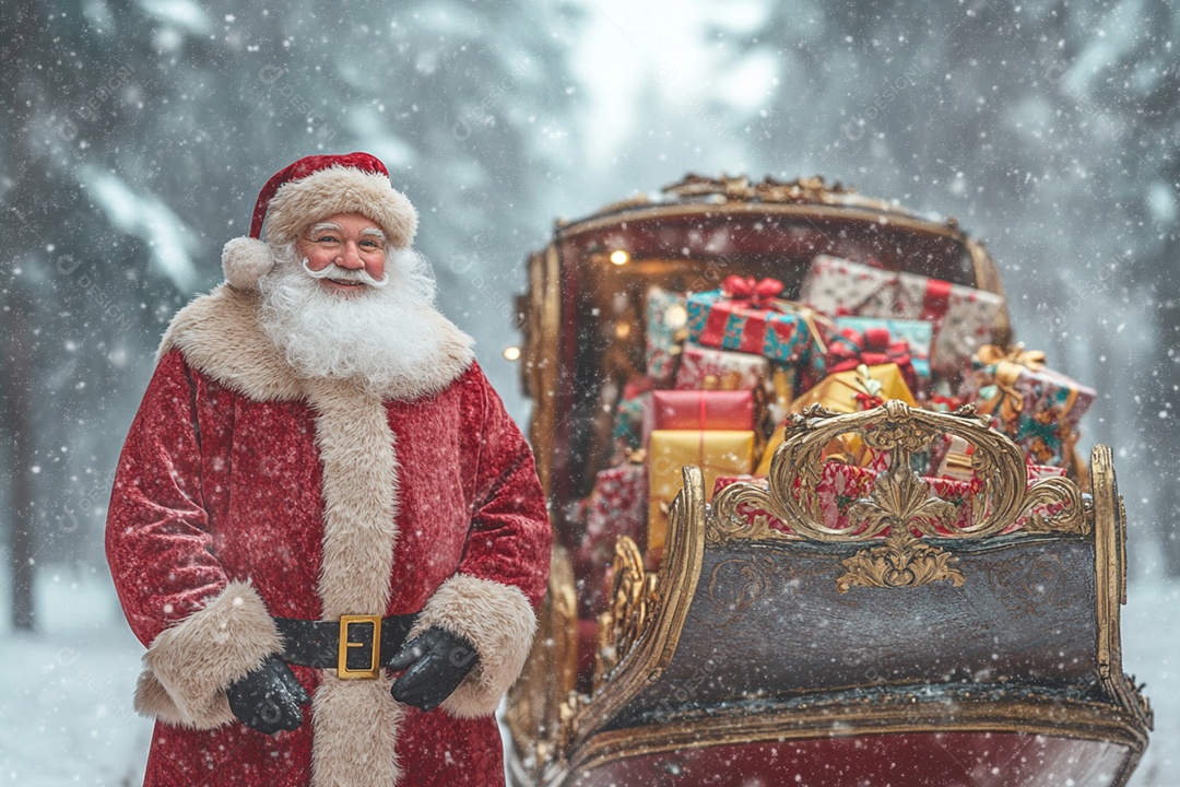 Papai noel na neve com trenó cheio de presentes