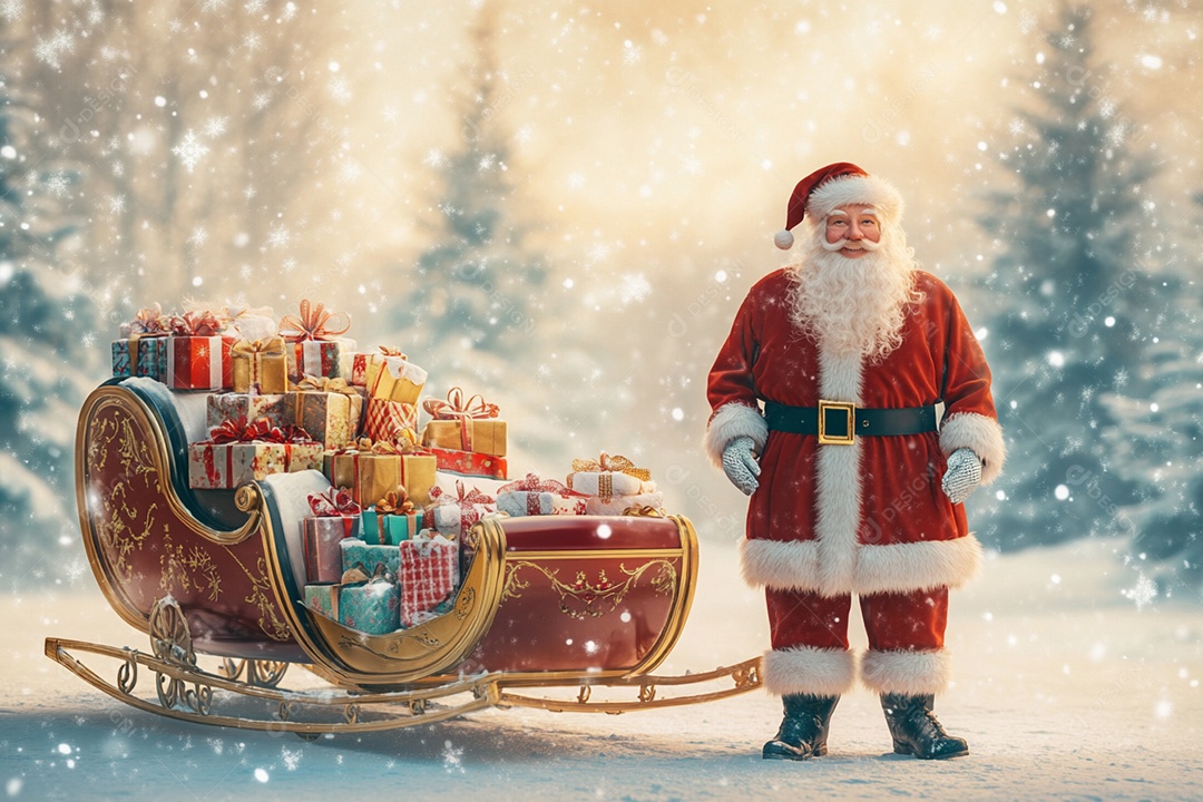 Papai noel na neve com trenó cheio de presentes