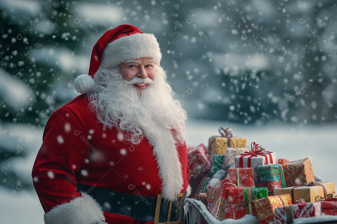 Papai noel na neve com trenó cheio de presentes