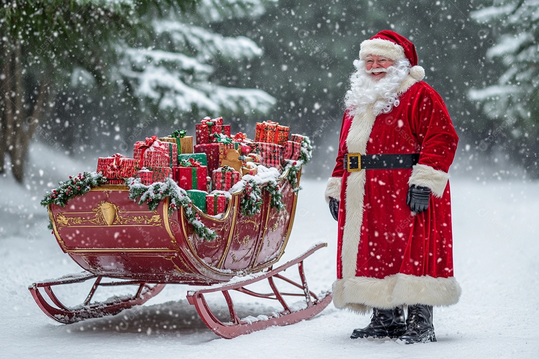 Papai noel na neve com trenó cheio de presentes