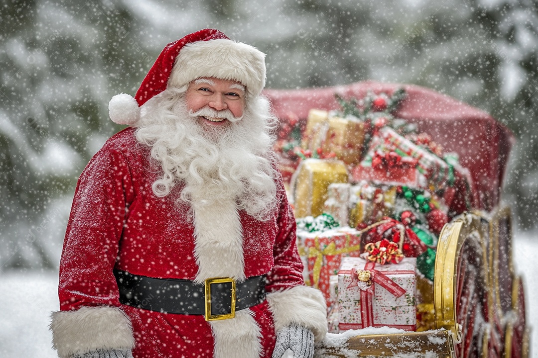 Papai noel com trenó cheio de presentes