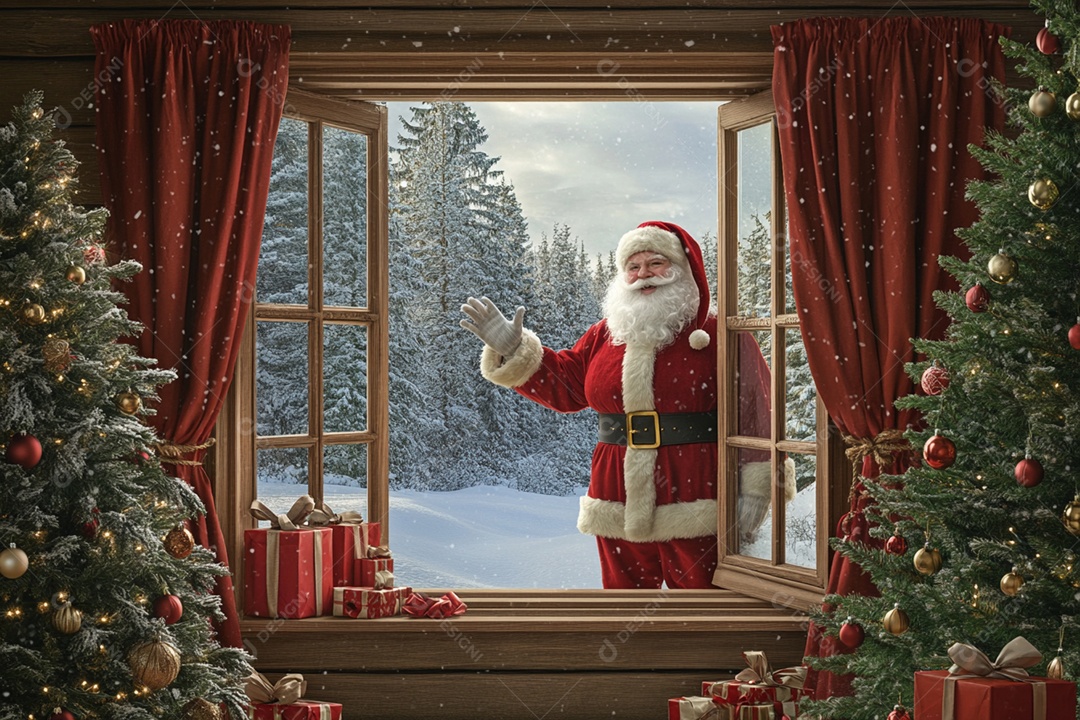 Papai noel acenando depois de deixar presentes na janela de uma casa