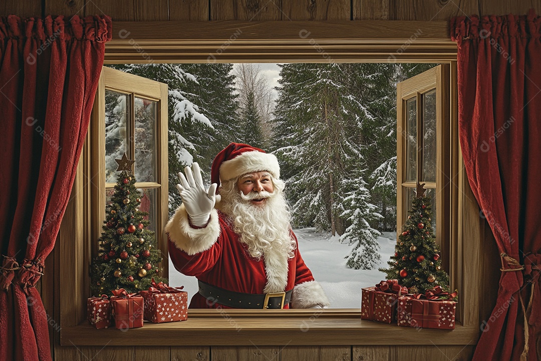 Papai noel feliz deixando presente na janela de uam casa
