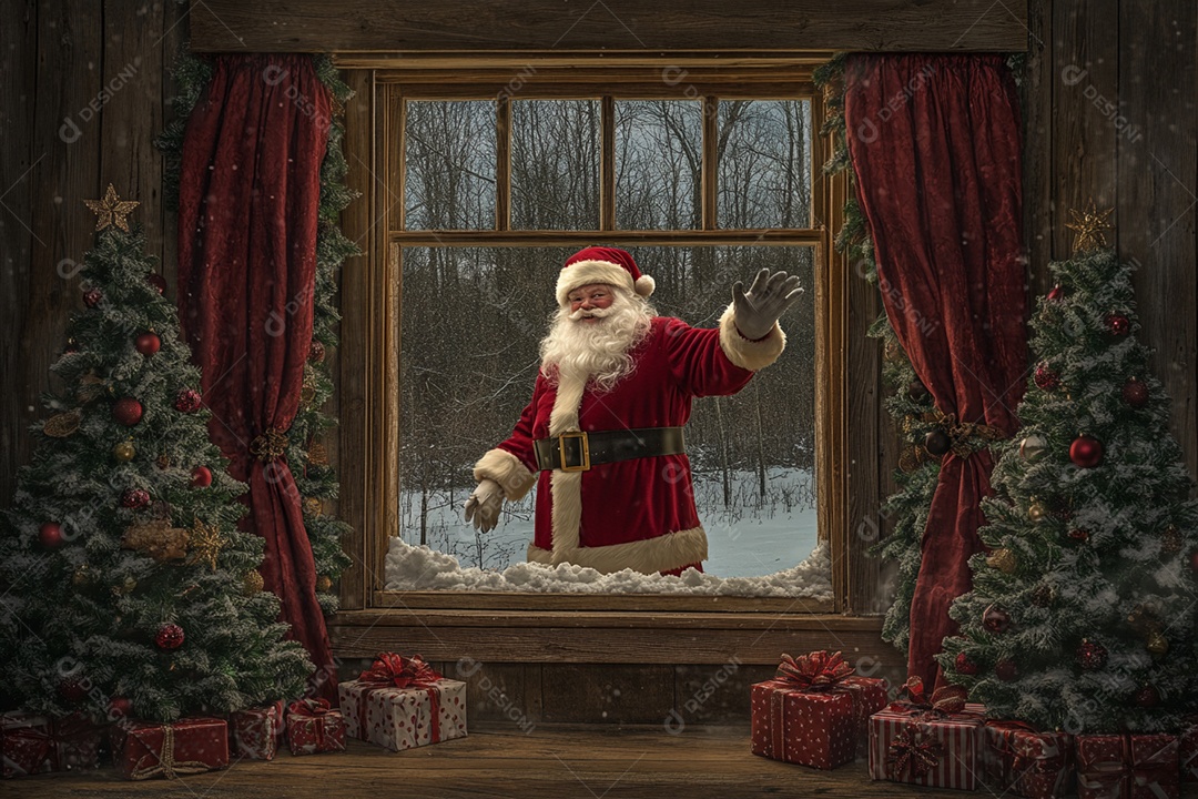 Papai noel na janela de casa com presente