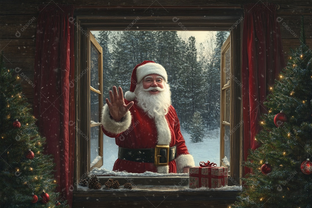 Papai noel na janela de casa com presente