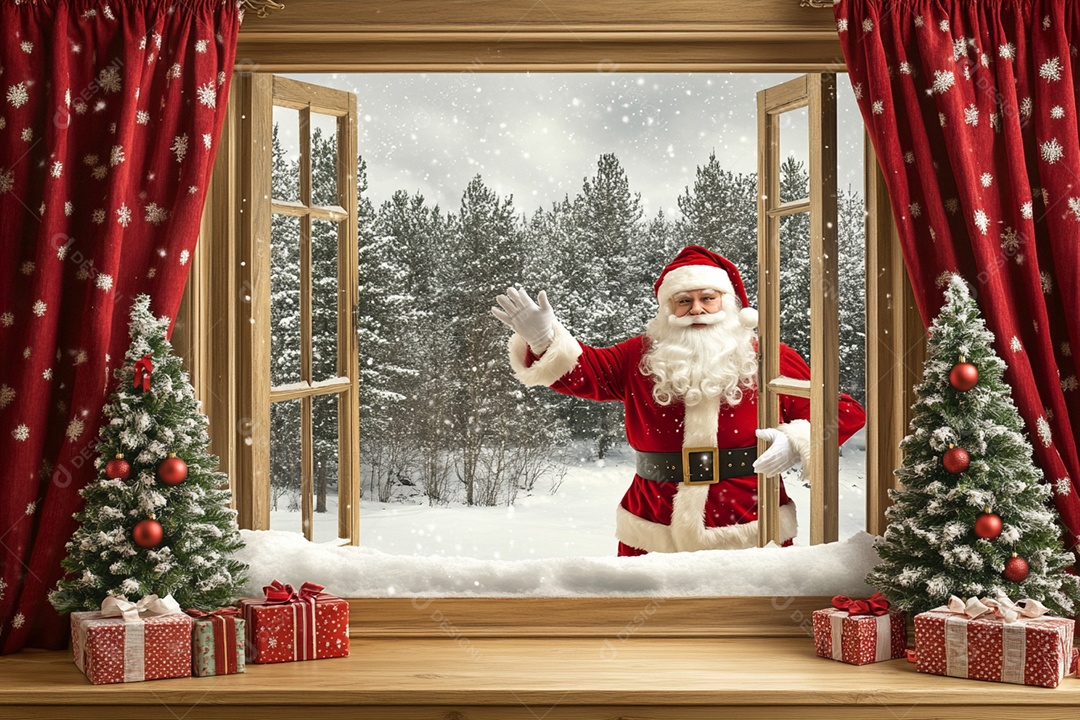 Papai noel através da janela de uma casa