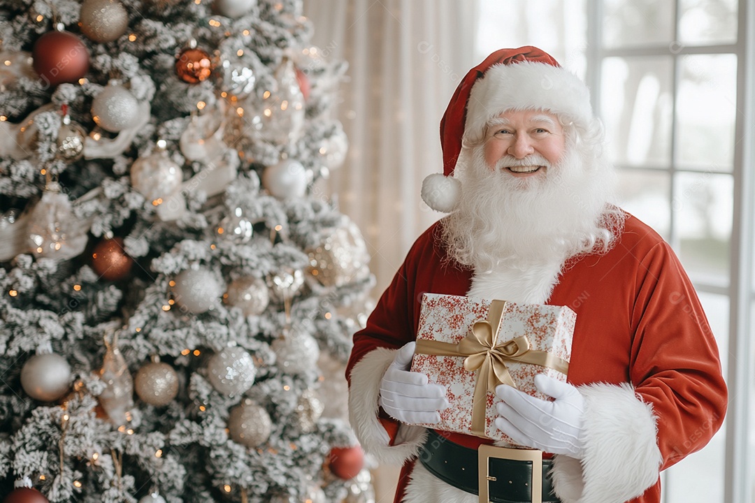 Papai noel com presente na mão para comemoração do natal