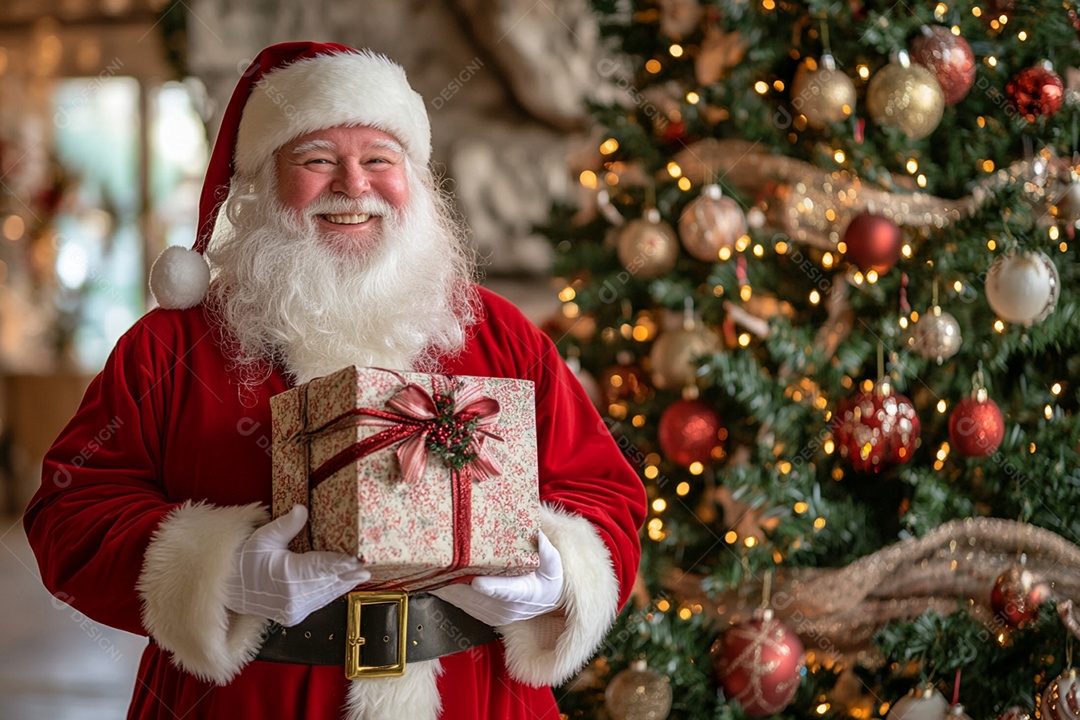 Papai noel com presente na mão para comemoração do natal