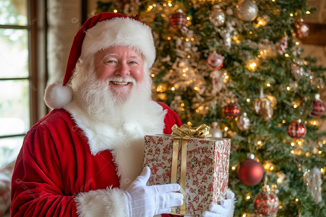 Papai noel feliz na sala decorada para comemoração natalina