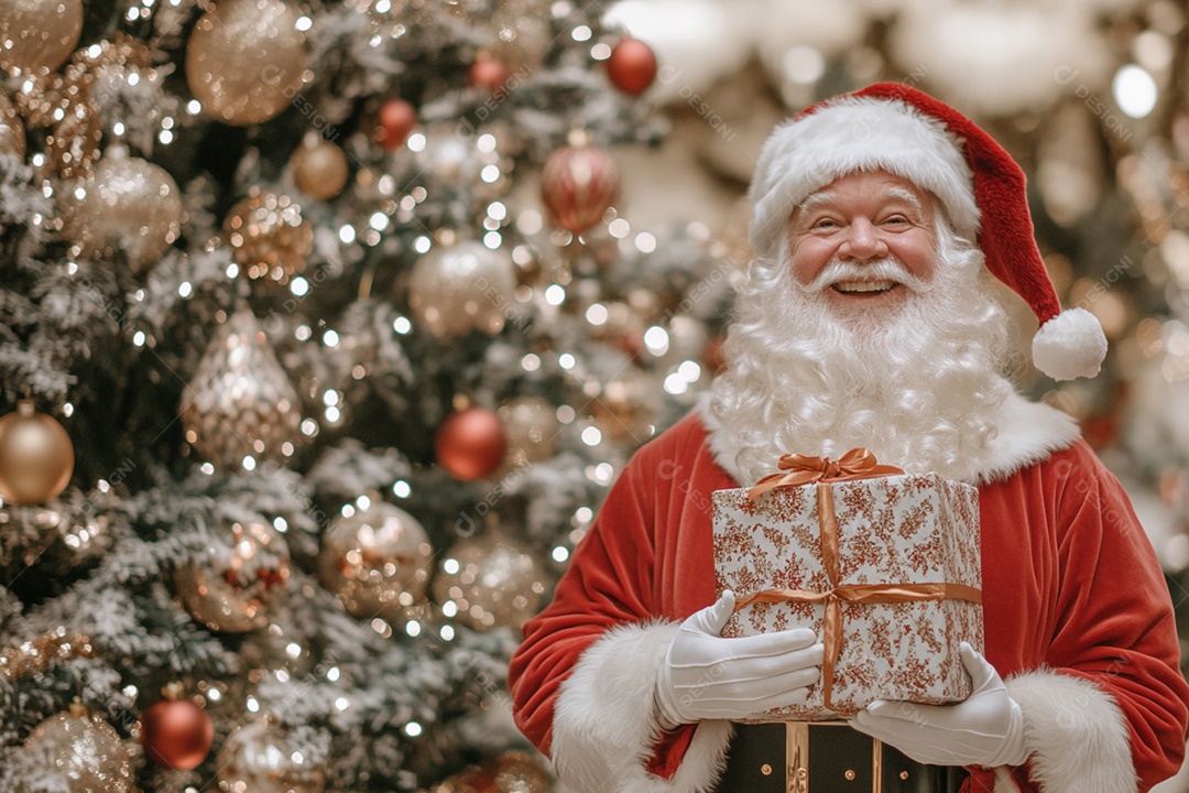 Papai noel feliz com presente na mão para comemorar natal
