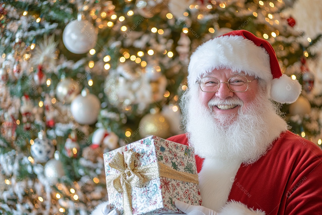 Árvore de natal e papai noel com presente na mão