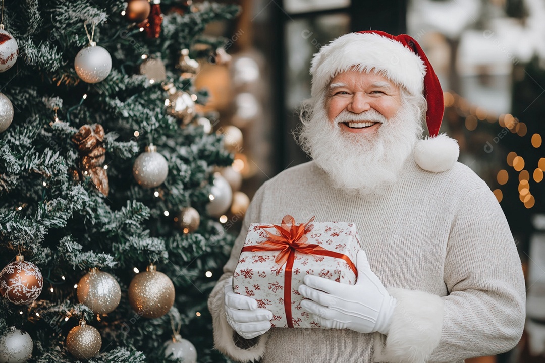 Árvore de natal e papai noel com presente na mão