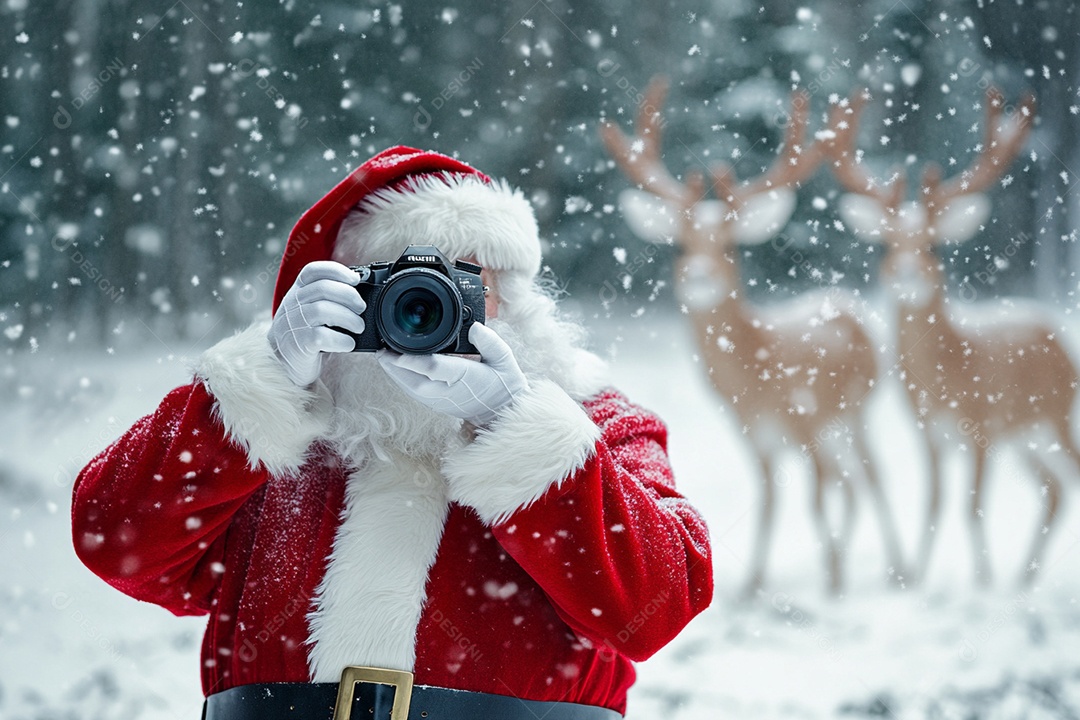 Papai noel com camera fotográfica e cervos ao fundo