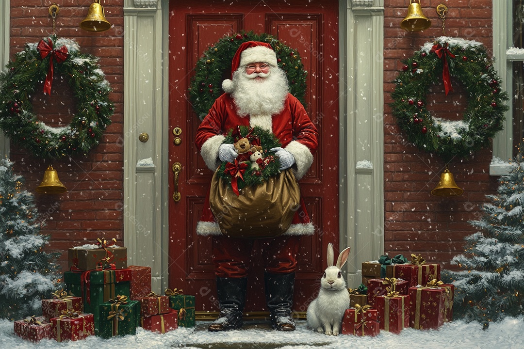 Papai noel na porta de casa com saco de presentes e um coelho ao lado