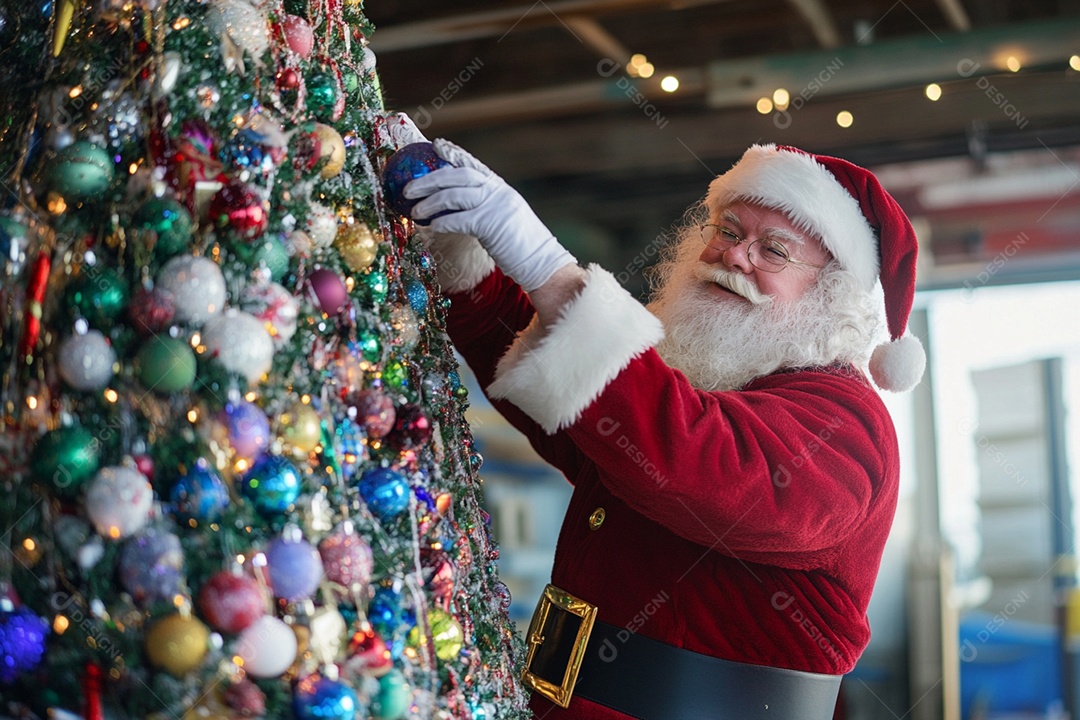 Papai noel decorando árvore de natal